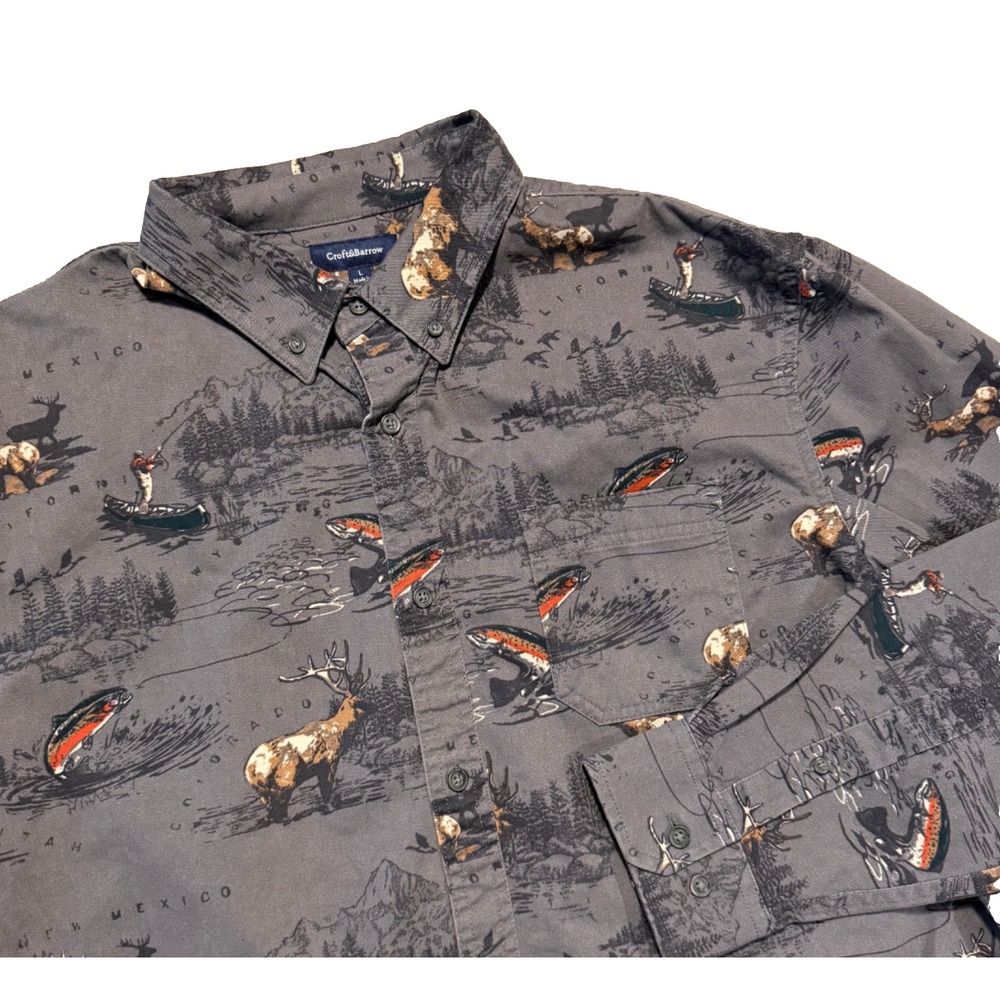 Croft and Barrow Shirt Mens Large Gray Fish Elk Animal Print Heavy Button Up